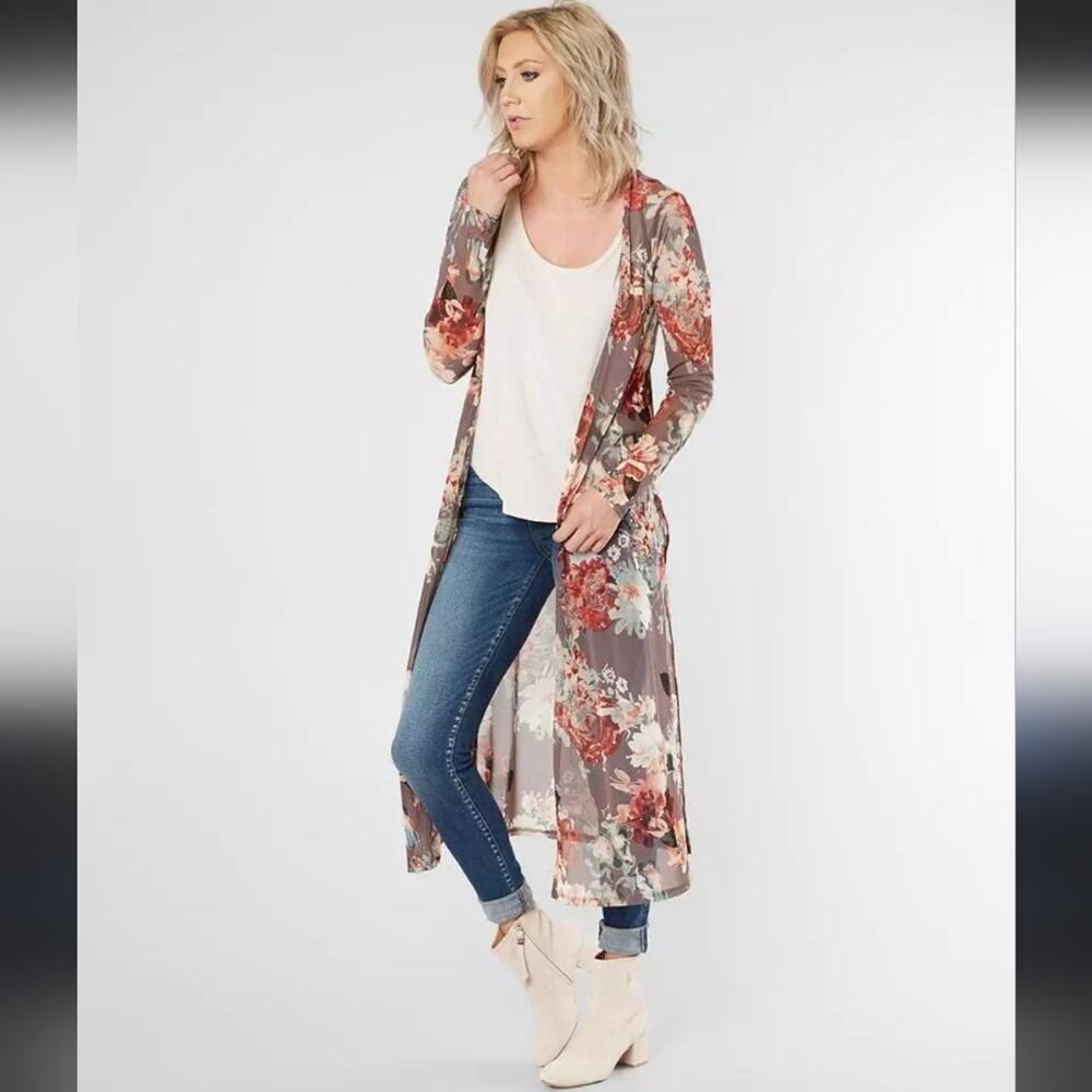 Daytrip Floral Mesh Flyaway Duster Kimono Womens XS Fairy Boho Fairy Sheer Maxi